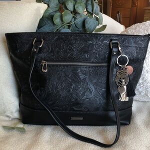 Sakroots Black Embossed Tote with Owl Charm